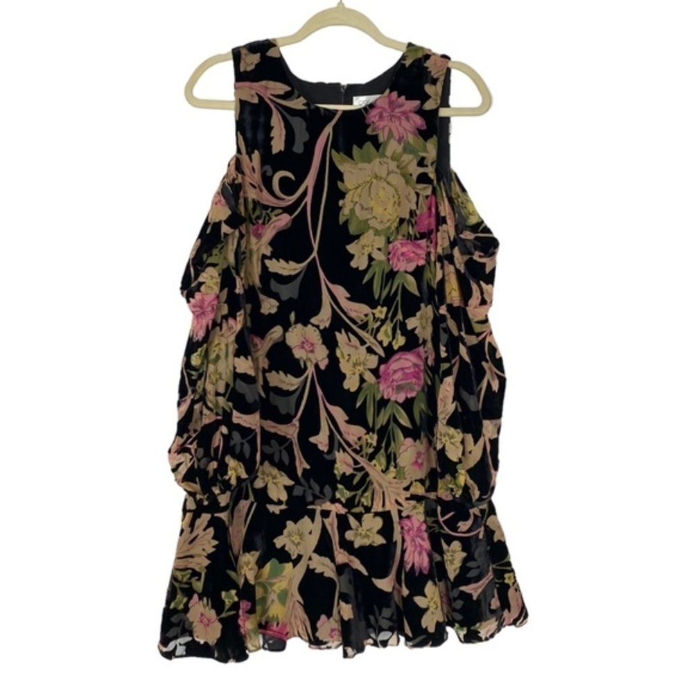 Eliza J Black Velvet Floral Burnout Mini Shift Dress Formal Cocktail Ruffle Hem - Picture 16 of 16